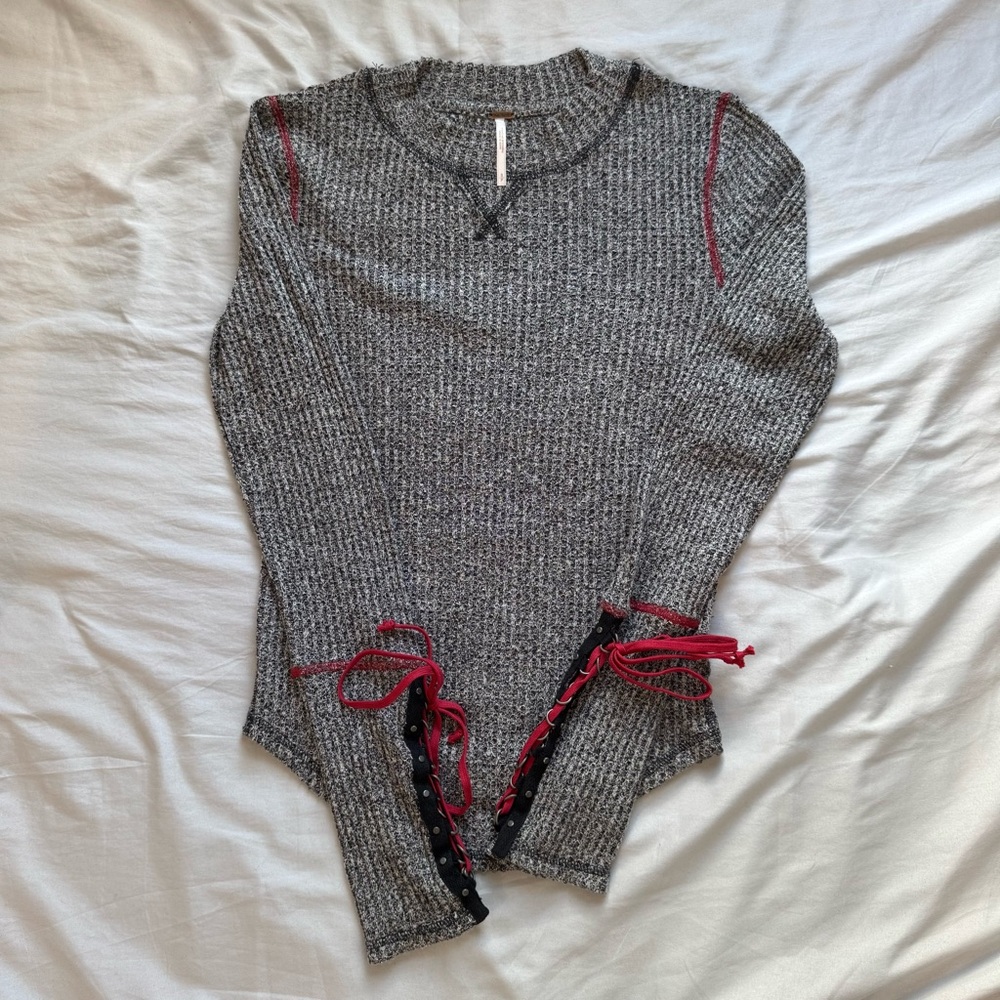 Free People Rare Mountaineer Gray Waffle Knit Long Sleeve with Lace-Up Cuffs